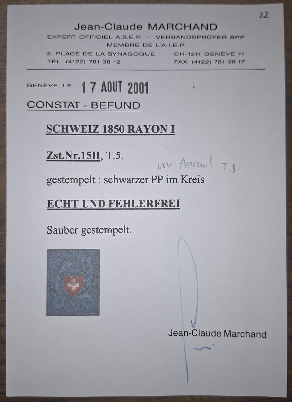 Tutti i francobolli: Rayon 15II Typ 5 PP von Aarau mit Attest – Usato da Balgach venduto da SIMEON27 2