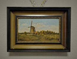 Antikes holländisches Ölbild Windmühle & Bauernhaus signiert