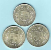 1953,1967+1969, Lot 3x 5 Franken Silber, -unz./stgl (15868)
