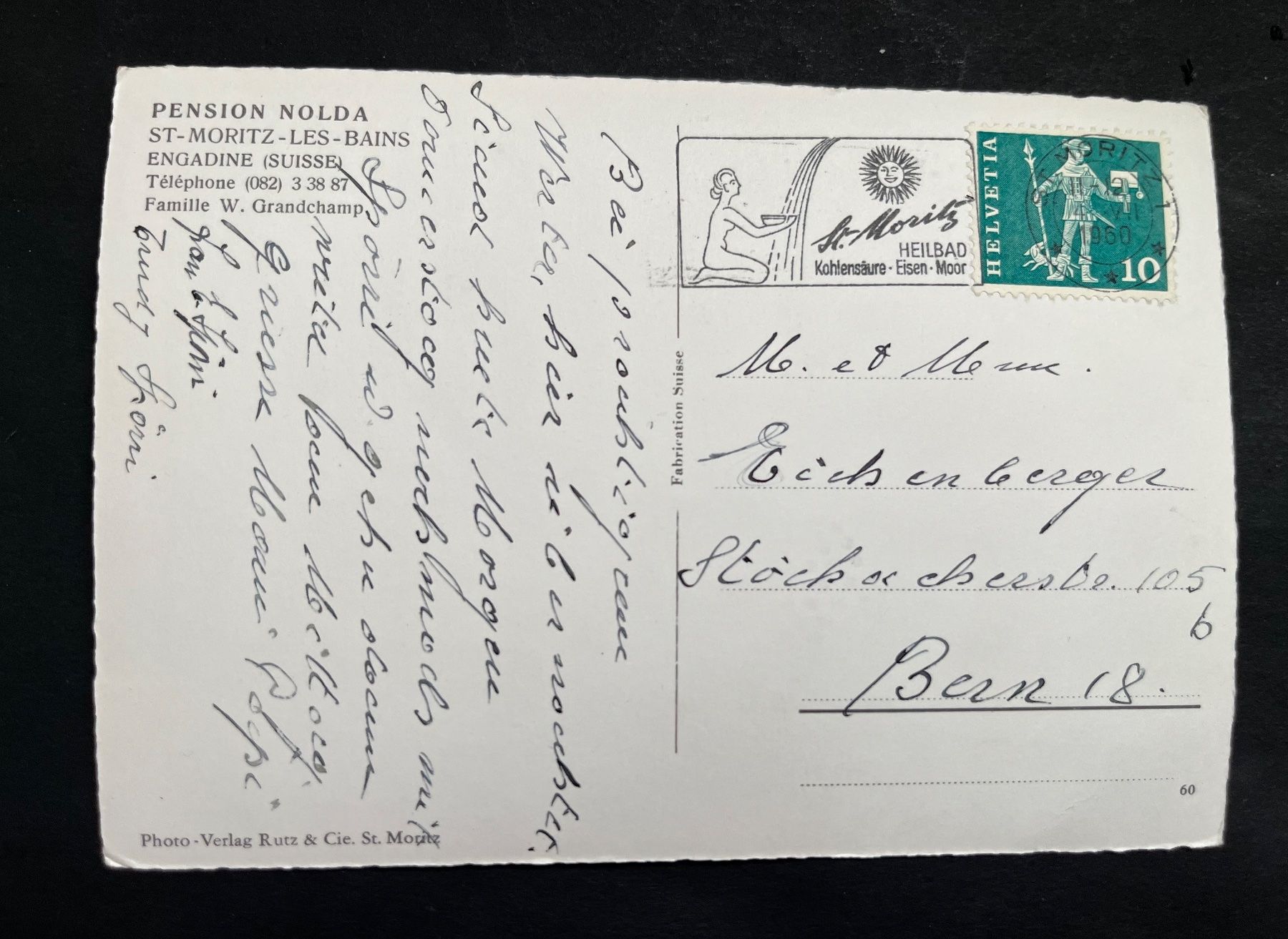 Cartoline postali: Pension Nolda St. Moritz-Les-Bains Engadin ca. 1950 – Usato da Ostermundigen venduto da DaxKarten-75 1