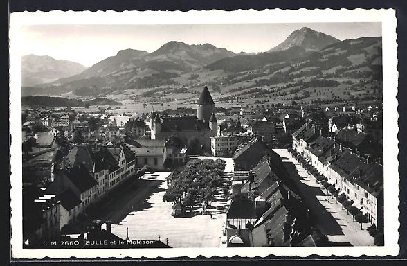Cartoline postali: AK Bulle, Blick in den Ort mit Moléson – Usato da Berlin venduto da bartko-reher