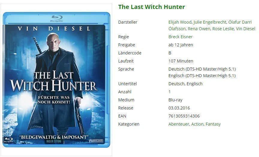 Tutti i DVDs: The Last Witch Hunter (Blu-Ray) – Usato da Buchrain venduto da Sssschaller