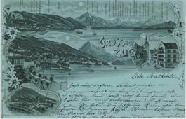 ZG 50 Mondschein-Litho Zug Bahnhof 1899 Ankft.ROMONT gl'tags