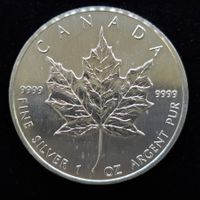 1 Unze Silber Kanada Maple Leaf 5$, 999/1000 Silber, 1989