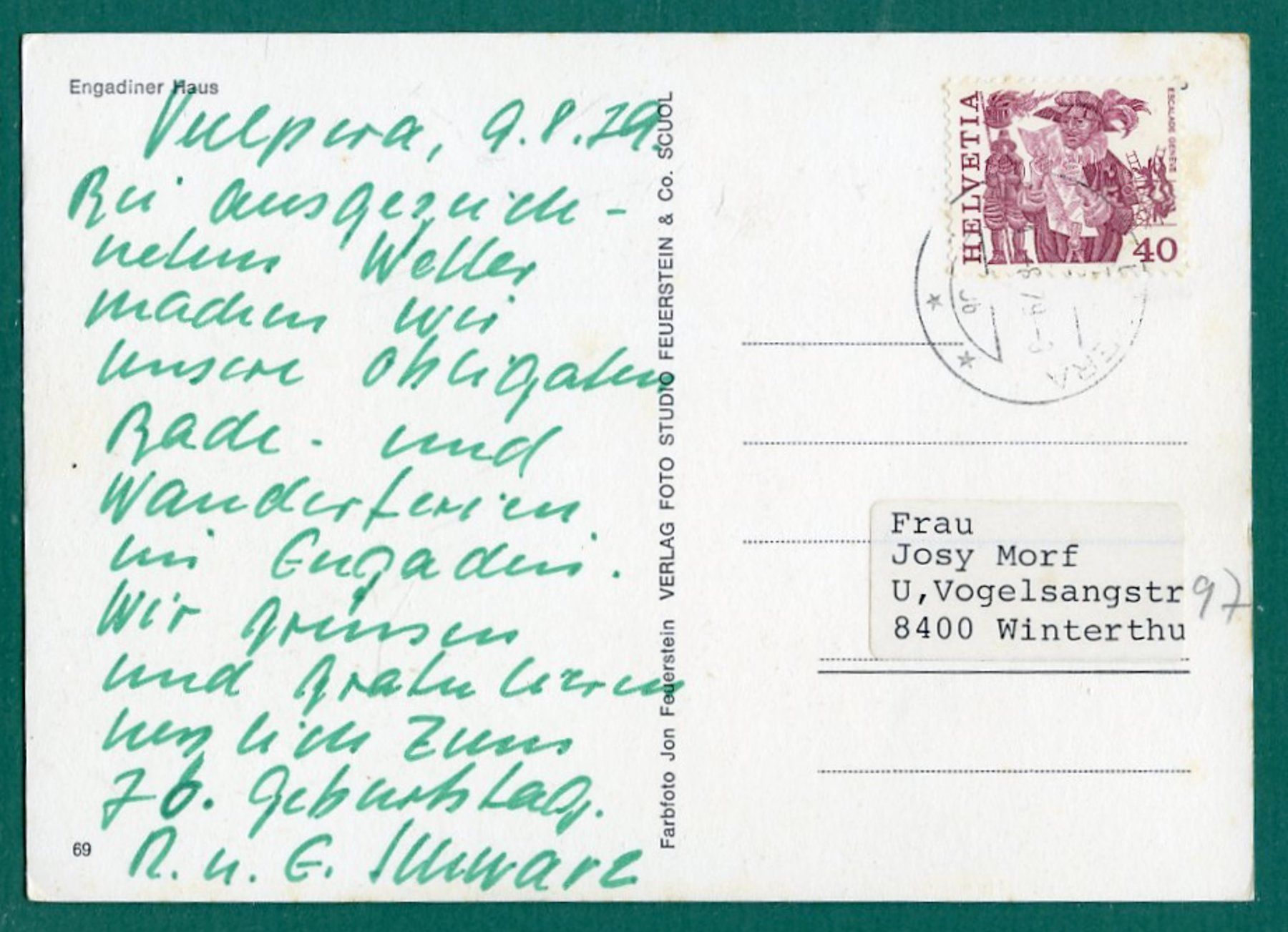 Cartoline postali: Engadinerhaus, Vulpera, 1979, gelaufen, Grossformat – Usato da Sargans venduto da Hausi1951 1