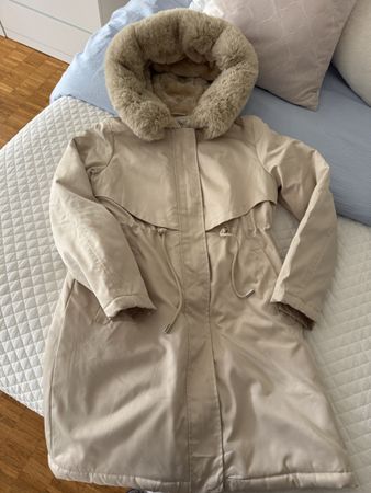 Parkamantel mit Kunstpelzkragen Beige - Grösse 38
