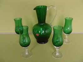 Murano Set grüner Krug mit 4 Gläsern gedrehter Fuss