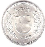 5 Franken 1969 Silber, wie aus Münzenrolle.