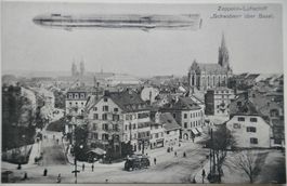 Postkarte ungelaufen 1908, Zeppelin-Luftschiff über Basel