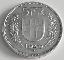 5 Franken 1949: Seltene Münze, guter Zustand. Silber!