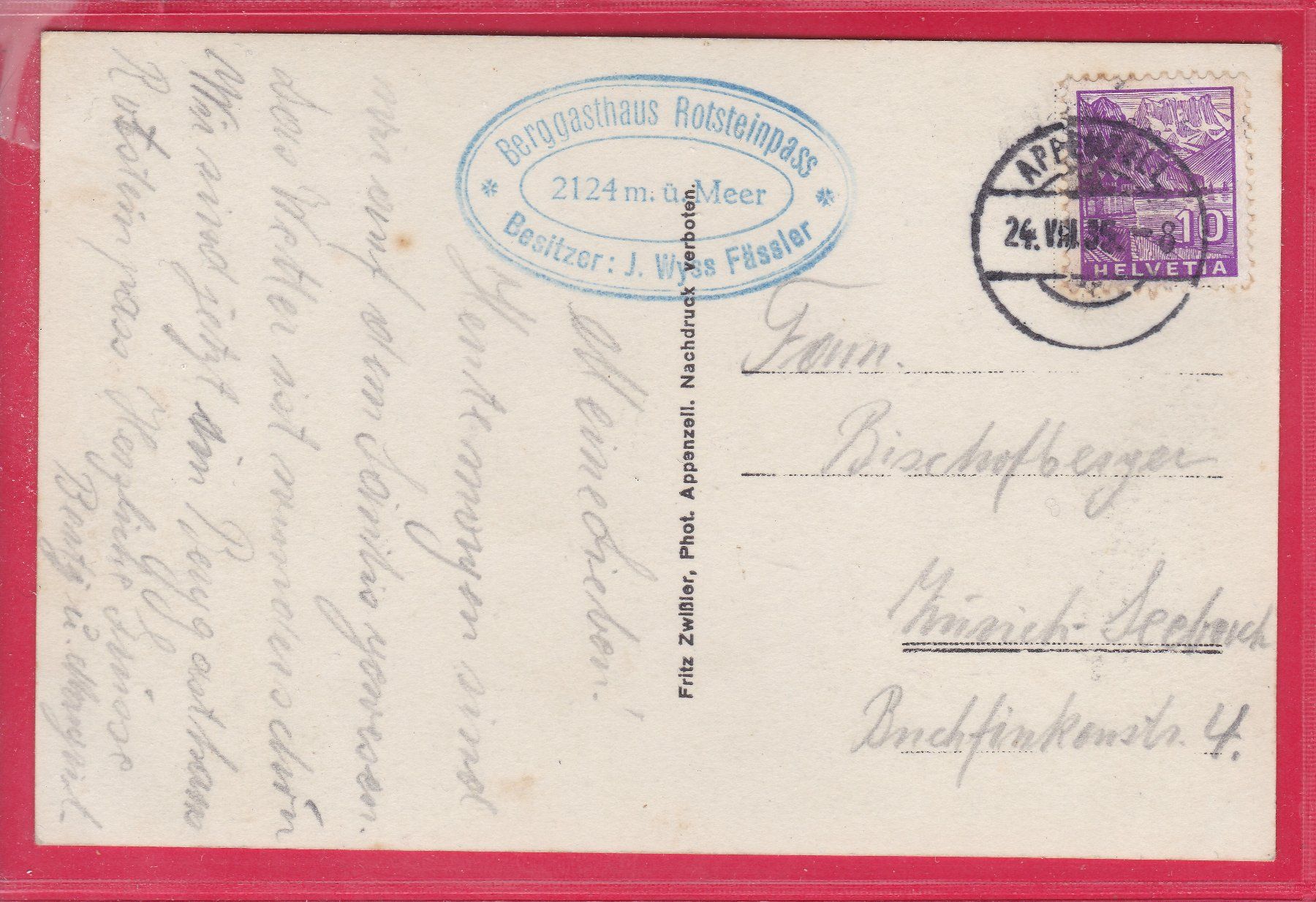 Ansichtskarten: BLICK VOM ROTSTEINPASS NACH WESTEN, 24.8.1935 – Gebraucht aus Oberrieden von Gebirgsstelze 1
