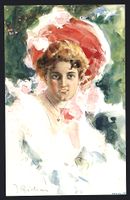 sign. J. Dedina: Dame mit rotem Hut und 