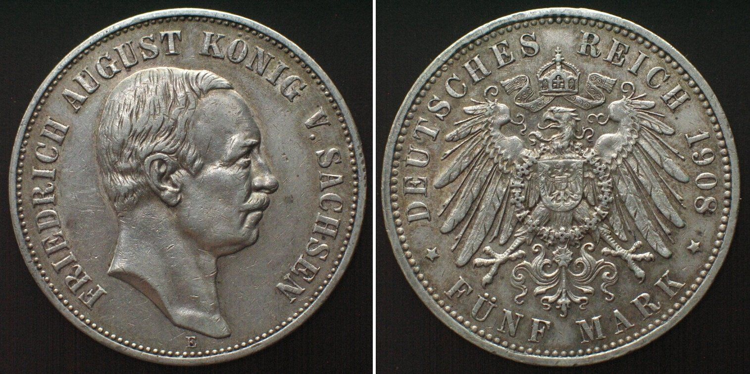 Tutti le monete: SACHSEN 5 Mark 1908 E, FRIEDRICH AUGUST III. Silber vz – Usato da Riehen venduto da sesambestcoins2004