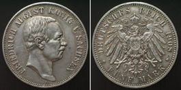 SACHSEN 5 Mark 1908 E, FRIEDRICH AUGUST III. Silber vz