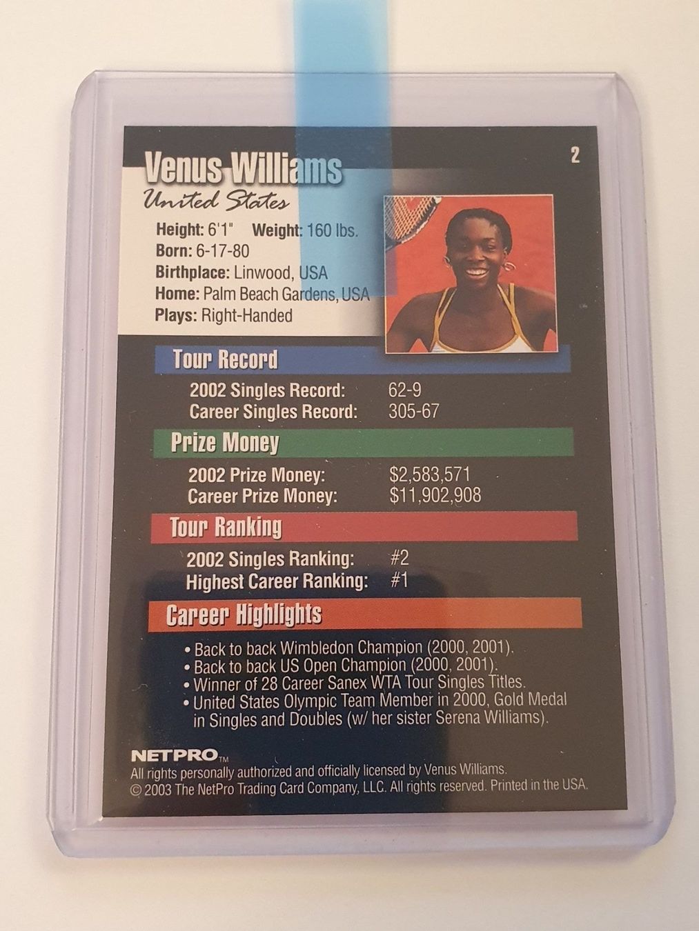 Carte collezionabili: Venus Williams Rookie Karte 2003 Netpro – Usato da Oberdorf BL venduto da BaldenEagle 1