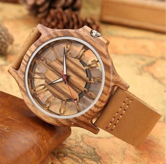Uhren: Quarzuhr aus Holz Leder - Montre quartz en bois cuir V13633 – Neu und originalverpackt aus Lausanne von WATCH-WORLD 1