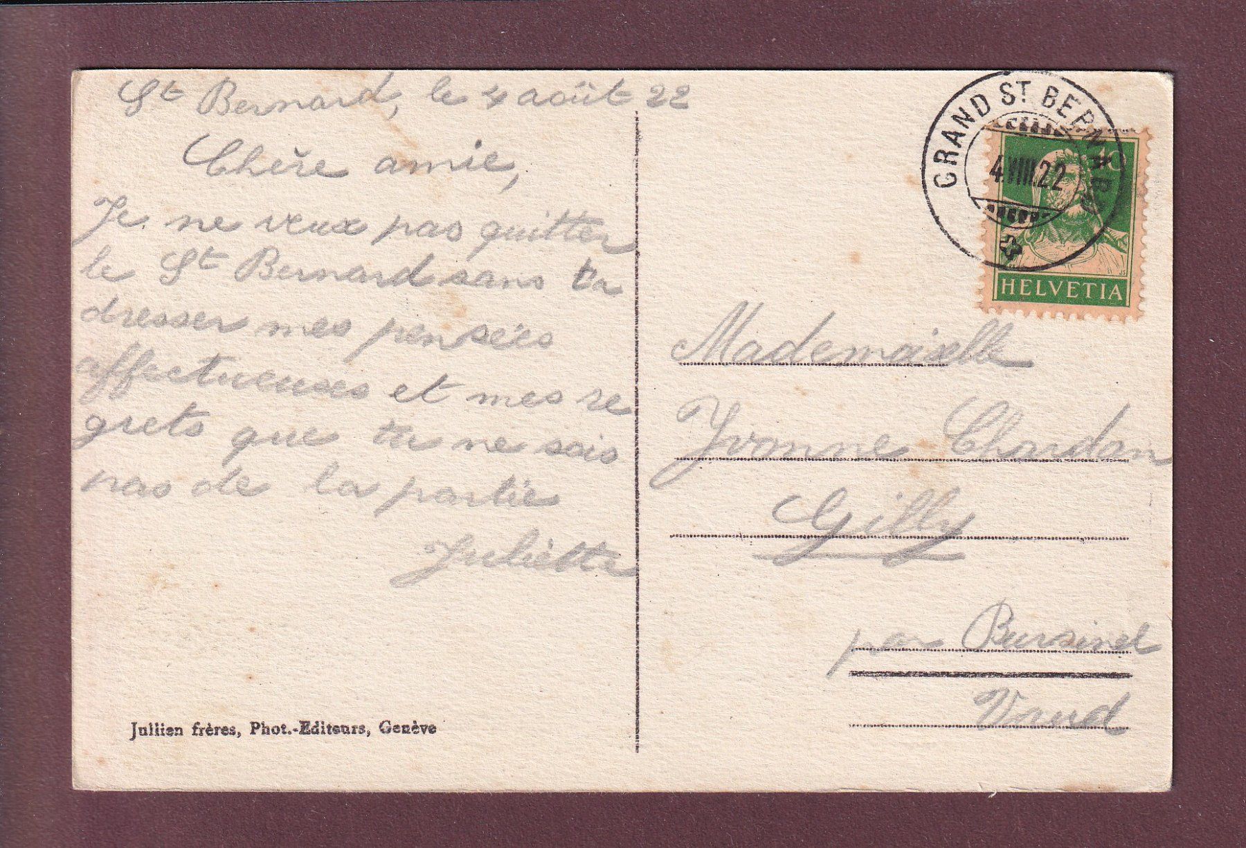 Cartoline postali: Hospice du GRAND-SAINT-BERNARD - 1922 – Usato da Pully venduto da nicecards 1