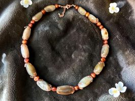 Neue Unikat 💎 Halskette Antiker Botswana-Achat Bronzeperlen