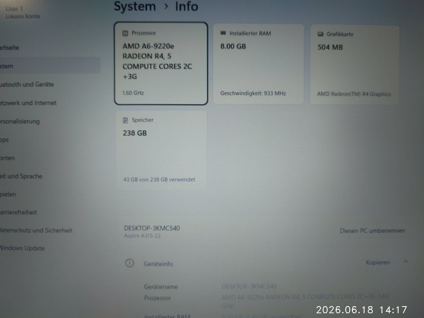 Acer Notebook: Notebook Acer Aspire A315-22 mit Windows 11 – Usato da Wald ZH venduto da Acl 1