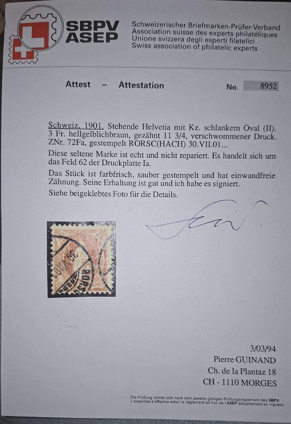 Tutti i francobolli: Stehende Helvetia 72FA Kat. 9500.- 160 Stk. – Usato da Balgach venduto da SIMEON27 2