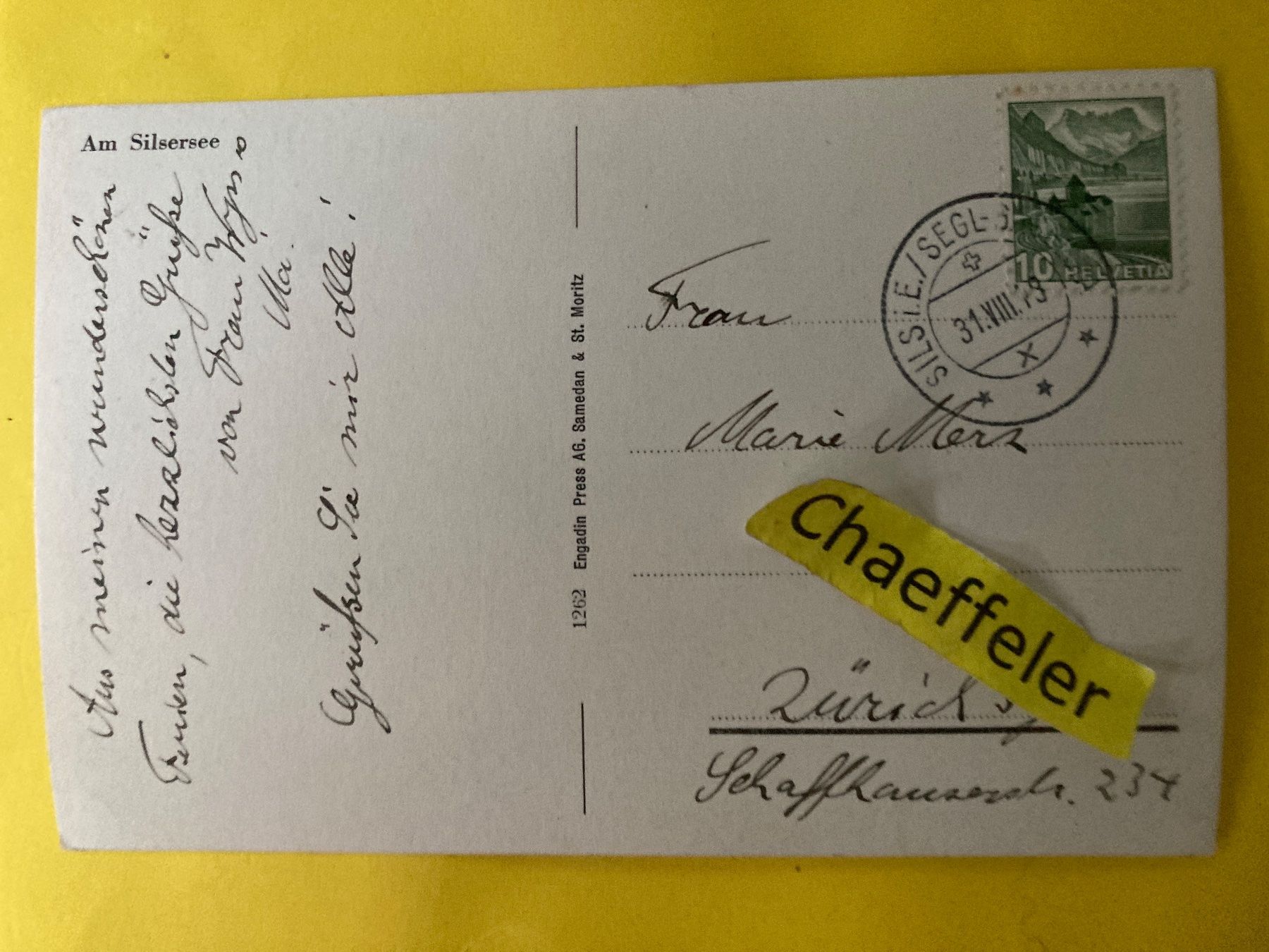 Cartoline postali: 1943 am Silsereee – Usato da Zürich venduto da Chaeffeler 1