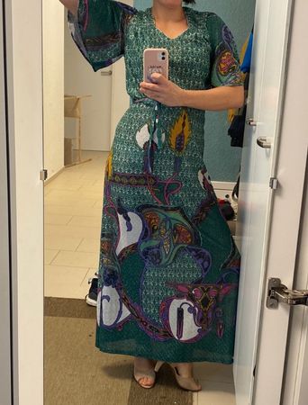Vintage Maxikleid, Grün mit Muster, Grösse M, Sommer