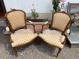Paar Sessel Louis XVI Stil antike Holzschnitzerei Stoffbezug