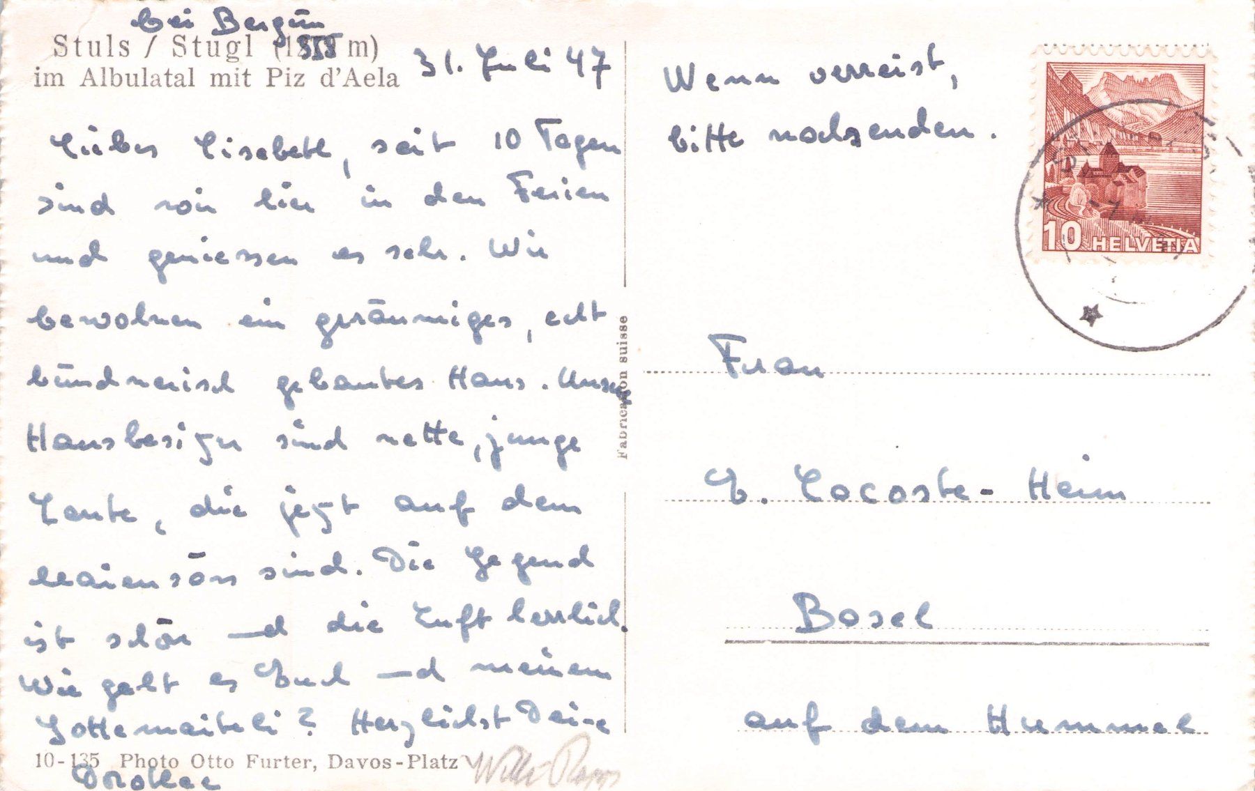 Cartoline postali: Stuls Stugl GR // 1947 Albula Piz Aela – Usato da Basel venduto da intermezzo12 1