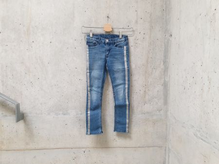Jeans H&M, bleu denim, bordures argentées, fille taille 128