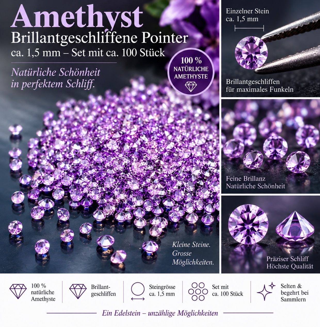 Pietre preziose: 100 St fein brillantgeschliffene Amethyst-Pointer 1,5 mm – Nuovo (secondo la descrizione) da Langenthal venduto da Seelenfreunde