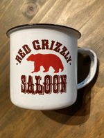 Emailletasse Red Grizzly Saloon weiss emailliert guter Zusta