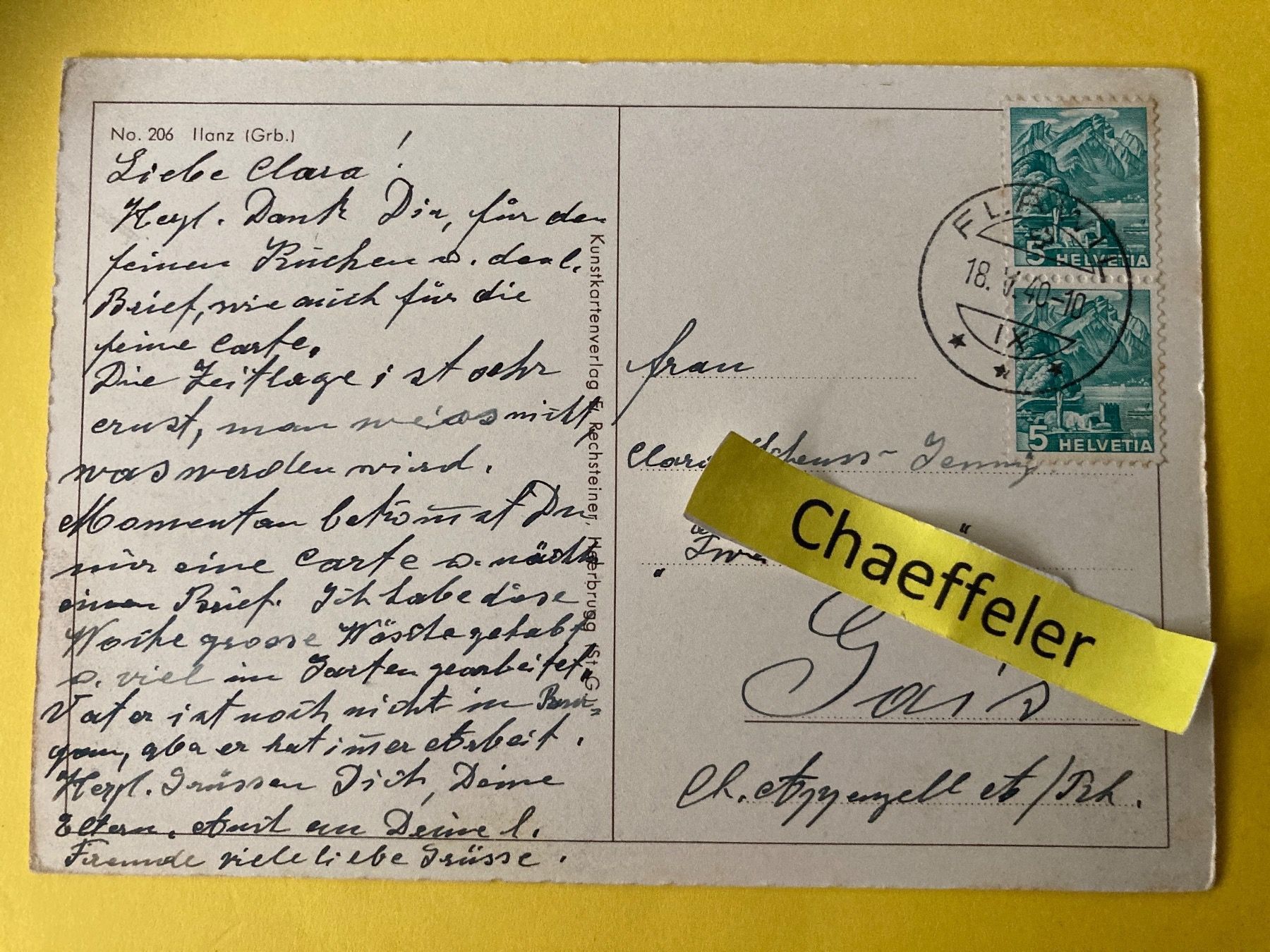 Cartoline postali: 1940 Nr. 206. Ilanz (Grb.) – Usato da Zürich venduto da Chaeffeler 1