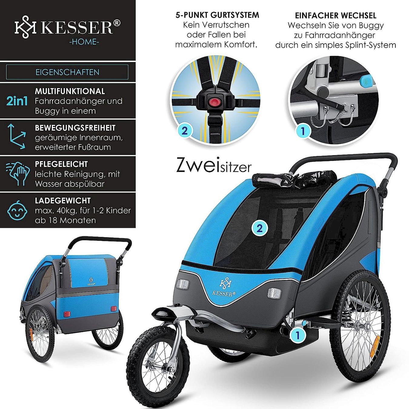 Rimorchi per biciclette: Kesser Kinderanhänger 2in1 blau – Nuovo e nell'imballaggio originale da Bottighofen venduto da zaap 1
