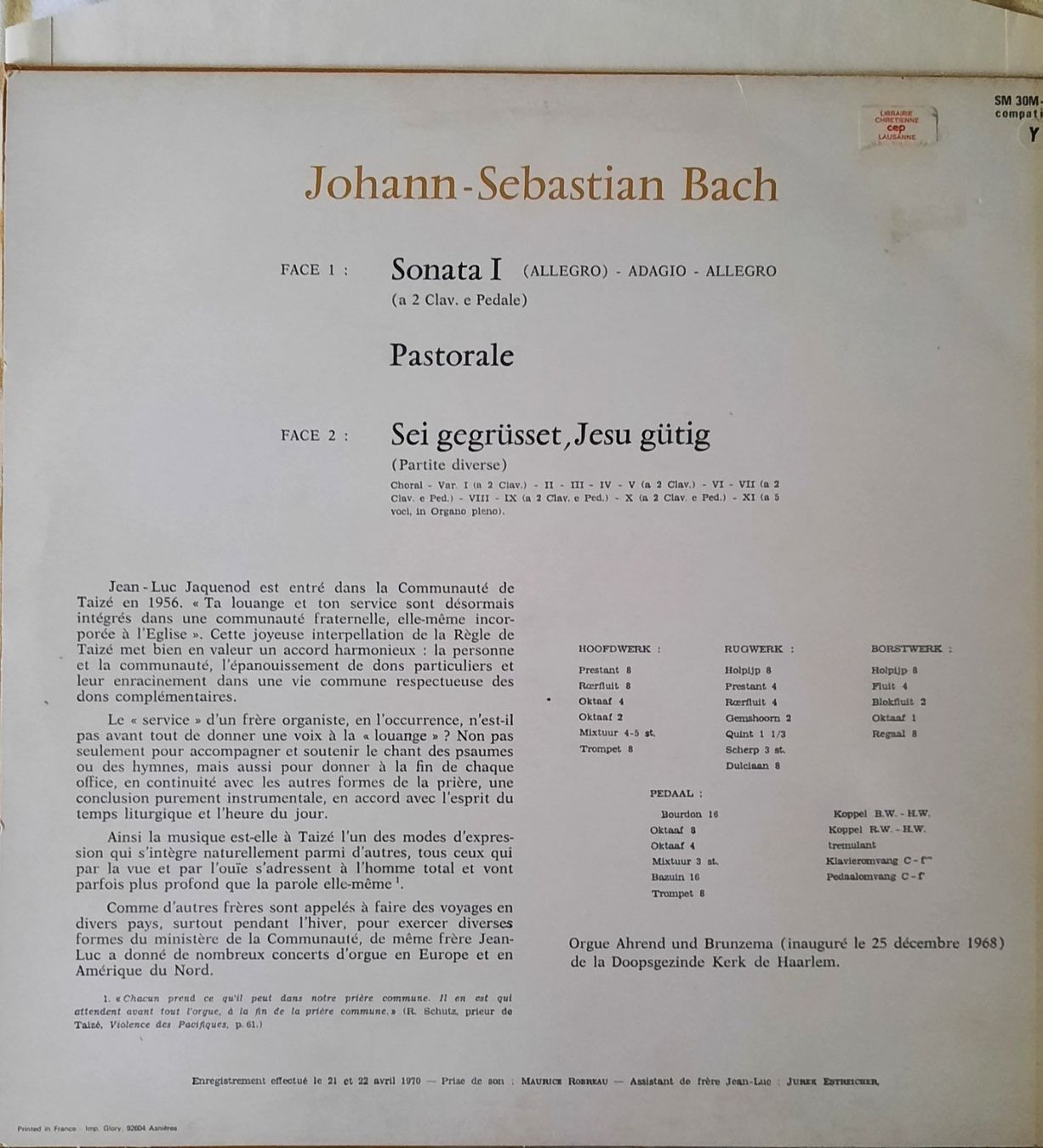 Dischi in vinile: LP - BACH Johan-Sebastian – Usato da Lausanne venduto da MHJ 1