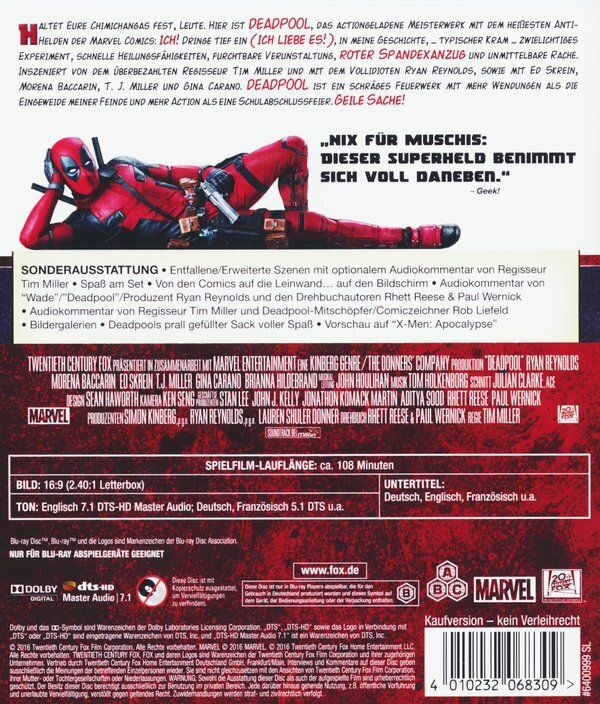 Tutti i DVDs: Deadpool (2016) Ryan Reynolds/Morena Baccarin/Marvel/Blu-ray – Usato da Volketswil venduto da cinephilia 1
