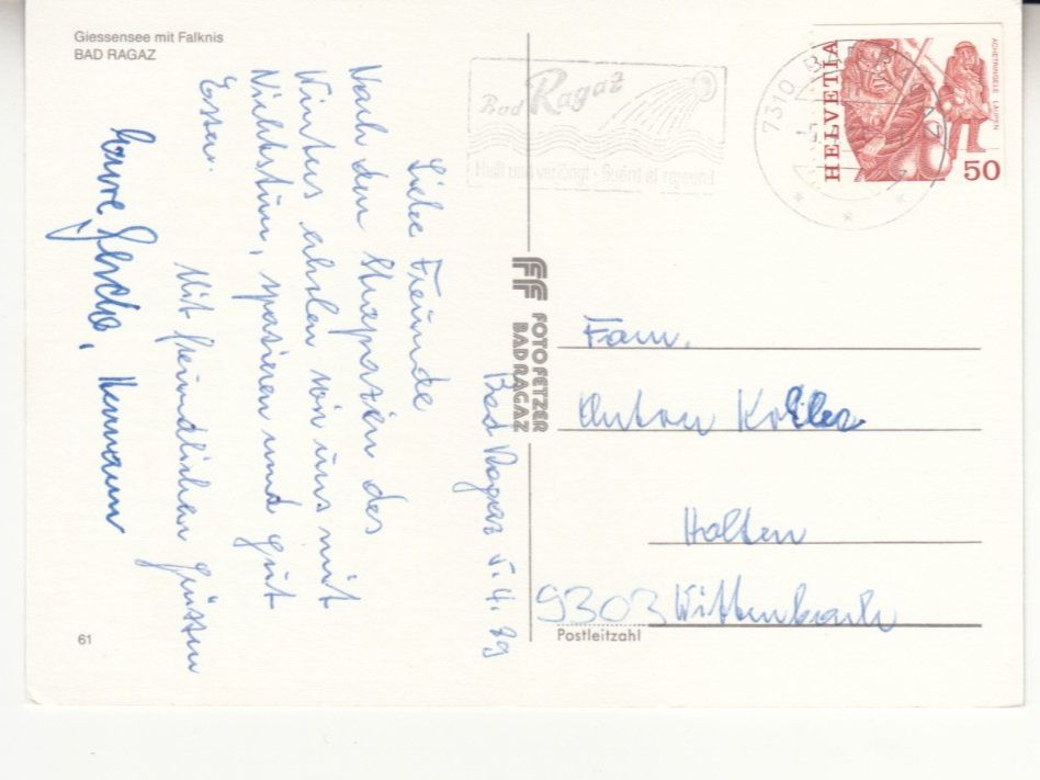 Ansichtskarten: Bad Ragaz Giessensee 1989 – Gebraucht aus Bürglen TG von StampGraf 1