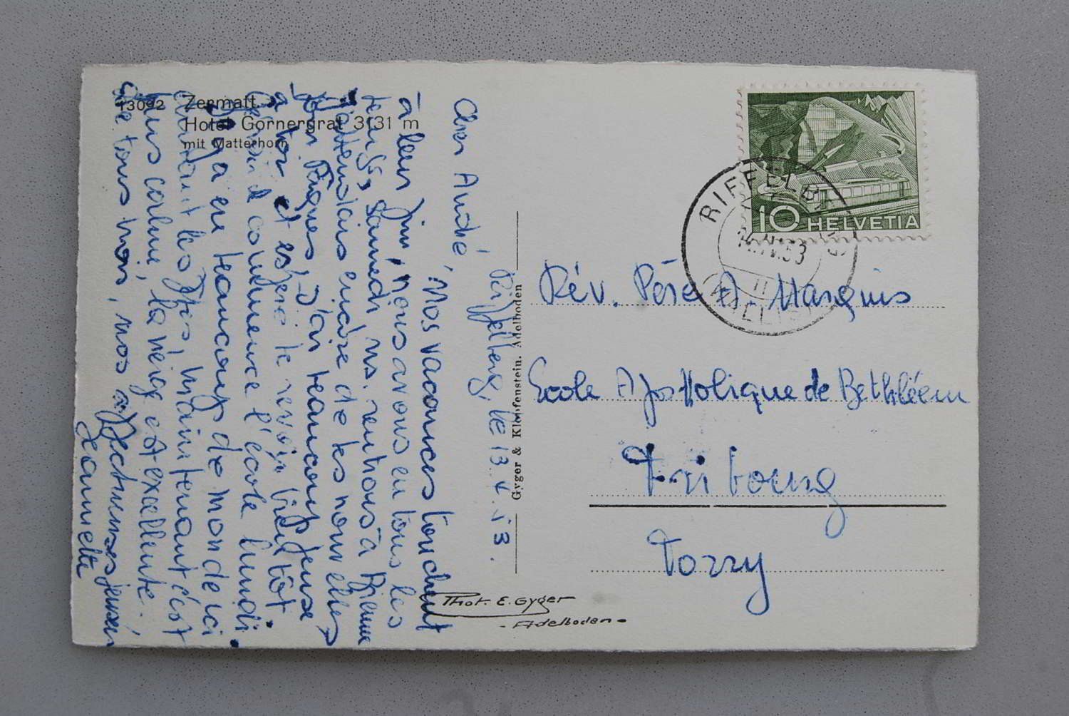 Cartoline postali: AK Zermatt, Hotel Gornergrat 1953 – Usato da Rüfenacht BE venduto da Toro06 1