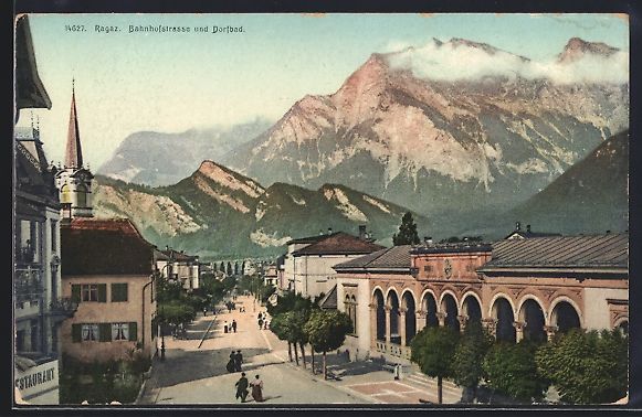 Cartoline postali: AK Ragaz, Bahnhofstrasse und Dorfbad – Usato da Berlin venduto da bartko-reher