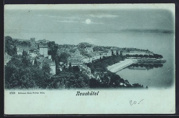 Cartoline postali: Mondschein-AK Neuchatel, Totalansicht mi – Usato da Berlin venduto da bartko-reher