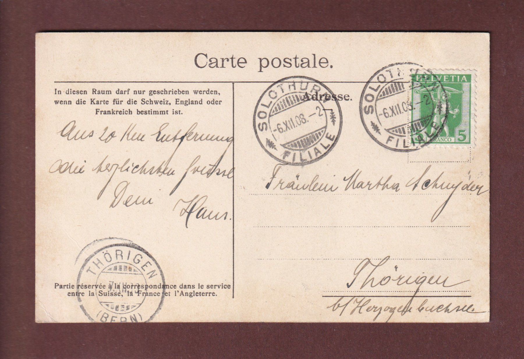 Ansichtskarten: SOLOTHURN von der Aare gesehen - 1908 – Gebraucht aus Pully von nicecards-shop 1
