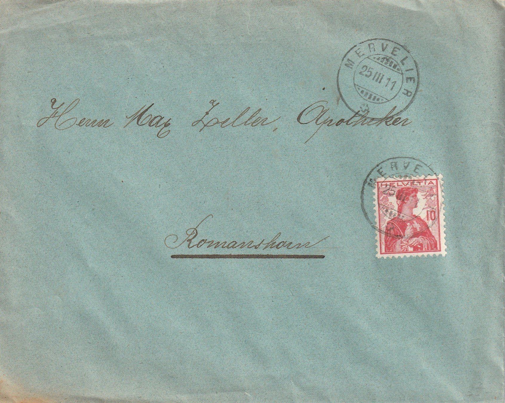 Tutti i francobolli: MERVELIER- Brief 1911, top Stempel. – Usato da uttwil venduto da Koehlerfred