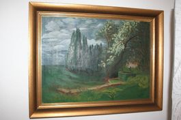 Dipinto ad olio paesaggio primaverile, cornice dorata