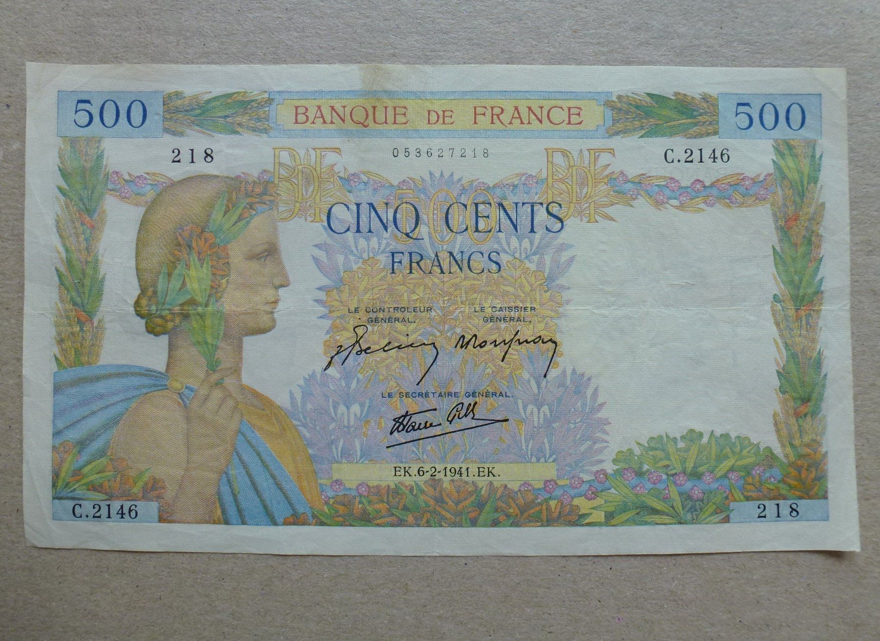 Banknoten: Frankreich ++ 500 Francs 1941 – Gebraucht aus Walkringen von Casablanca777