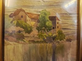 Aquarell Landschaft mit Bauernhaus, monogrammiert