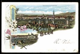 Lithographie Bern, Totalansicht mit Kornhausbrücke und Kirch