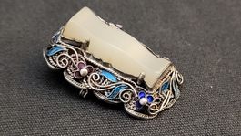 Vergoldete Silberbrosche Jade und Emaille CHINA
