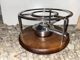 Fondue Rechaud Holz Metall Chrom guter Zustand
