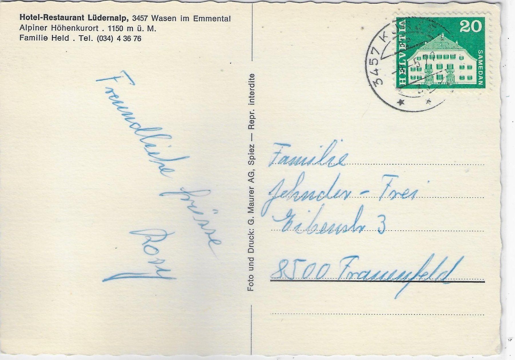 Cartoline postali: Hotel-Restaurant Lüdernalp - Wasen – Usato da Ettingen venduto da Kartenplanet 1