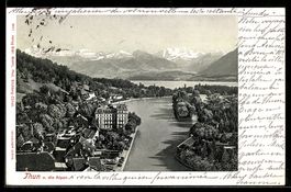 AK Thun, Ortsansicht und die Alpen