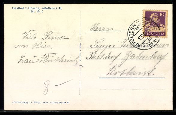 Cartoline postali: AK Affoltern i. E., Gasthof z. Sonne – Usato da Berlin venduto da bartko-reher 1